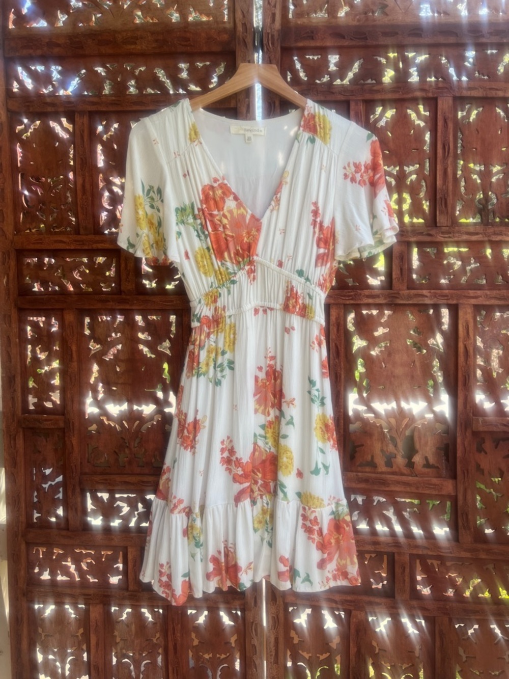 Rewind White Floral V-Neck Dress with Coral & Yellow
